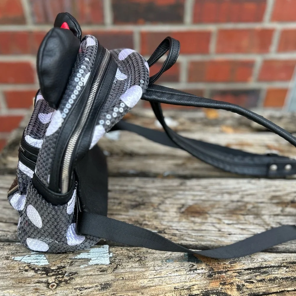 Disney Parks Loungefly Minnie Mouse Sequined Black White Polka Dot Mini Backpack - Picture 10 of 12